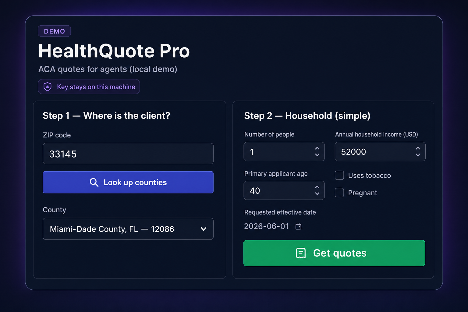 Suzi's quote intake prototype with ZIP lookup, county selection, household fields, and get quotes action.