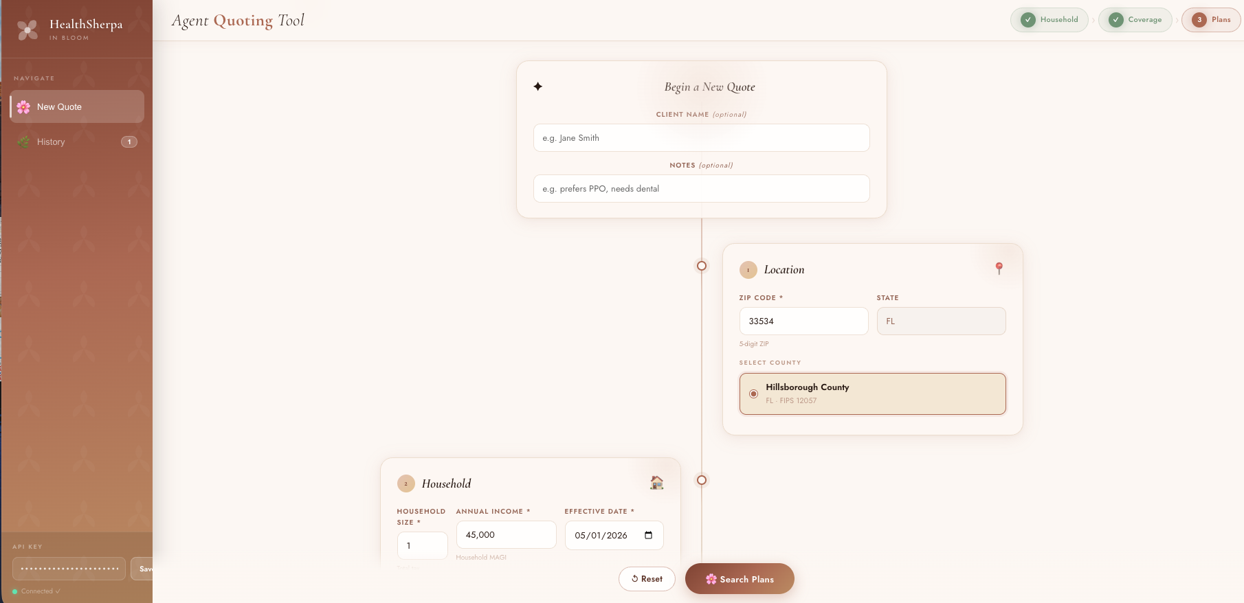 Nina's account management prototype for reviewing client quote options.