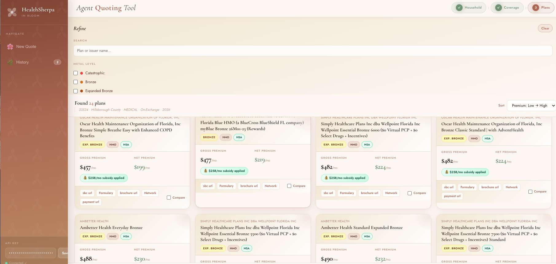 Owen's plan comparison prototype using HealthSherpa quote results.
